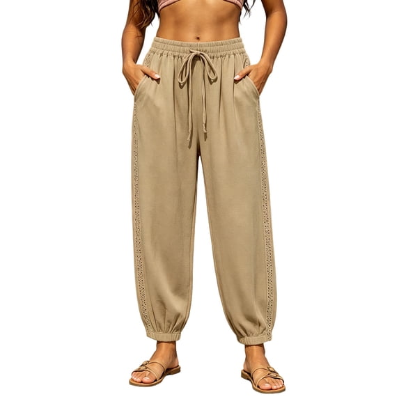 Jerdar Women's Linen Elastic High Waist Jogger Pants Casual Drawstring Trousers with Hollow Out Trim and Pockets Loose XXXL