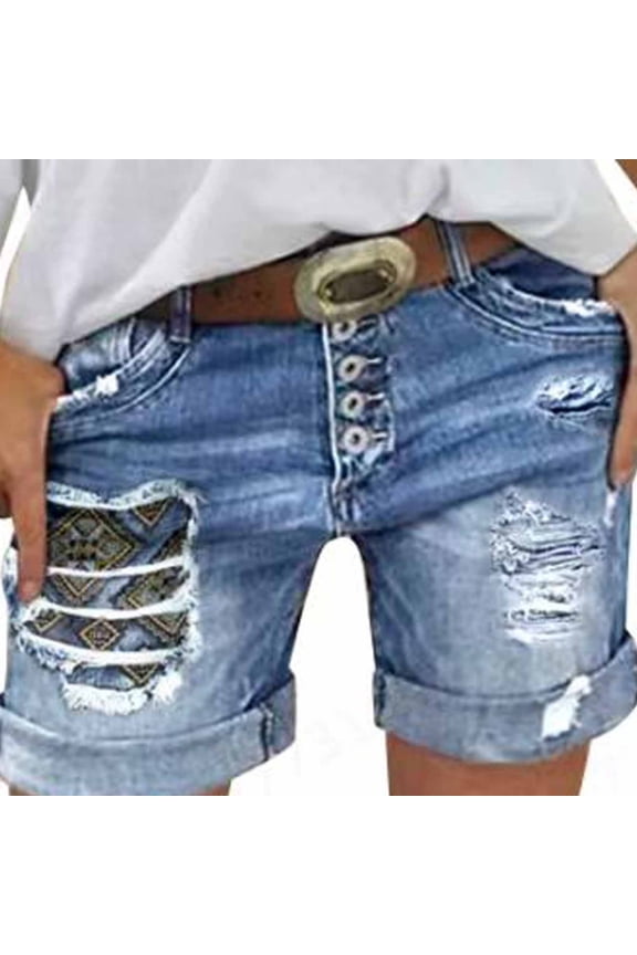 Women's Mid-Rise Denim Shorts, Ripped Stretchy with Button Fly, Rolled Cuff & Boho Patch XXL