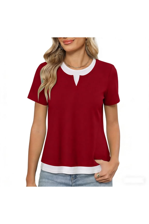 Women's Mock Double Layer Colorblock Round Neck Short Sleeve Casual Daily Relaxed Tailored Spring Shirt S