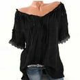 thumbnail image 1 of Jerdar Women's Off-the-Shoulder Drawstring Neck Blouse Short Sleeve Lace Trim Loose Linen Casual Top L, 1 of 6