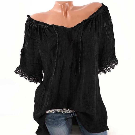 Jerdar Women's Off-the-Shoulder Drawstring Neck Blouse Short Sleeve Lace Trim Loose Linen Casual Top L