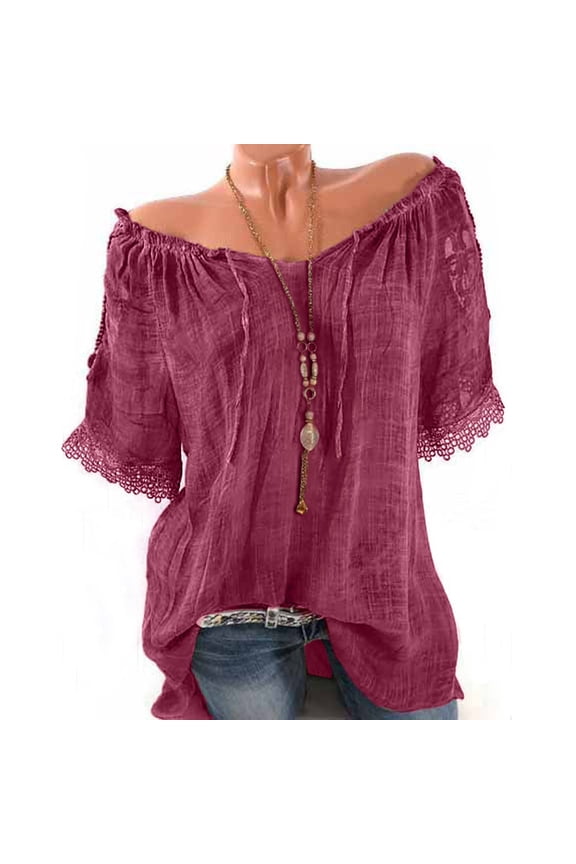 Women's Off-the-Shoulder Drawstring Neck Blouse Short Sleeve Lace Trim Loose Linen Casual Top M