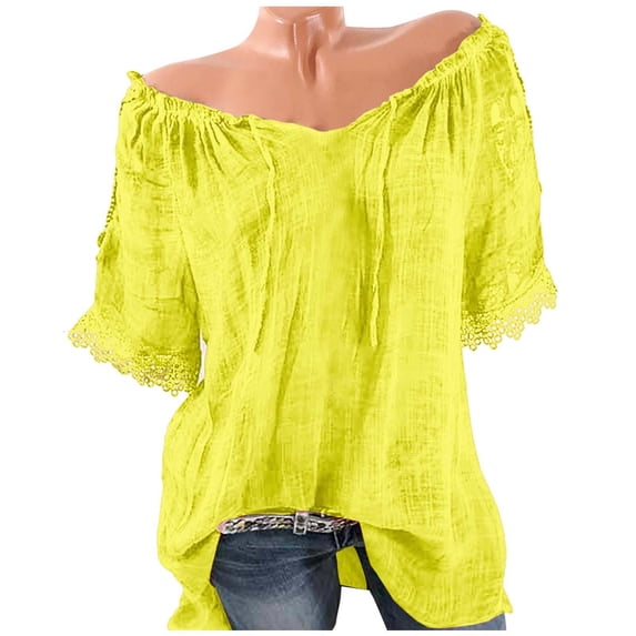 Jerdar Women's Off-the-Shoulder Drawstring Neck Blouse Short Sleeve Lace Trim Loose Linen Casual Top S