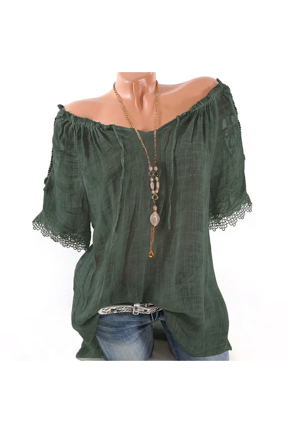 Women's Off-the-Shoulder Drawstring Neck Blouse Short Sleeve Lace Trim Loose Linen Casual Top XXL