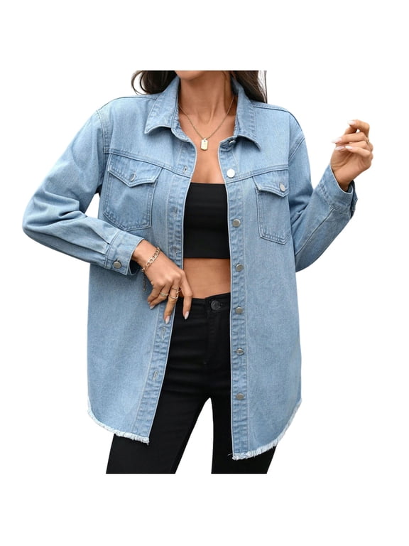Women's Oversized Denim Shirt Jacket Long Sleeve Button Down Jean Shacket with Frayed Hem for Fall Casual Daily Wear S