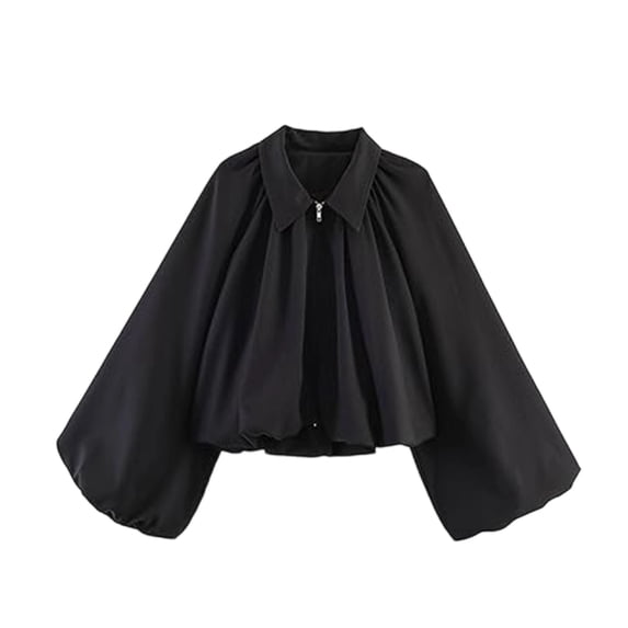Jerdar Women’s Puff Sleeve Bomber Jacket Casual Lapel Collar Full Zip Loose Fit Fashion Spring Fall Crop Pleated Shirts L