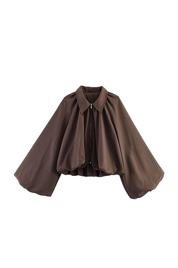 Women’s Puff Sleeve Bomber Jacket Casual Lapel Collar Full Zip Loose Fit Fashion Spring Fall Crop Pleated Shirts S