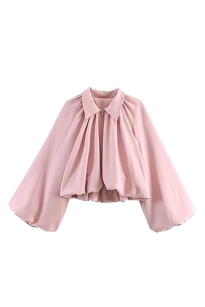 Women’s Puff Sleeve Bomber Jacket Casual Lapel Collar Full Zip Loose Fit Fashion Spring Fall Crop Pleated Shirts S