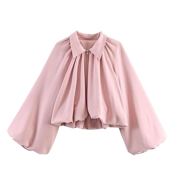 Jerdar Women’s Puff Sleeve Bomber Jacket Casual Lapel Collar Full Zip Loose Fit Fashion Spring Fall Crop Pleated Shirts S