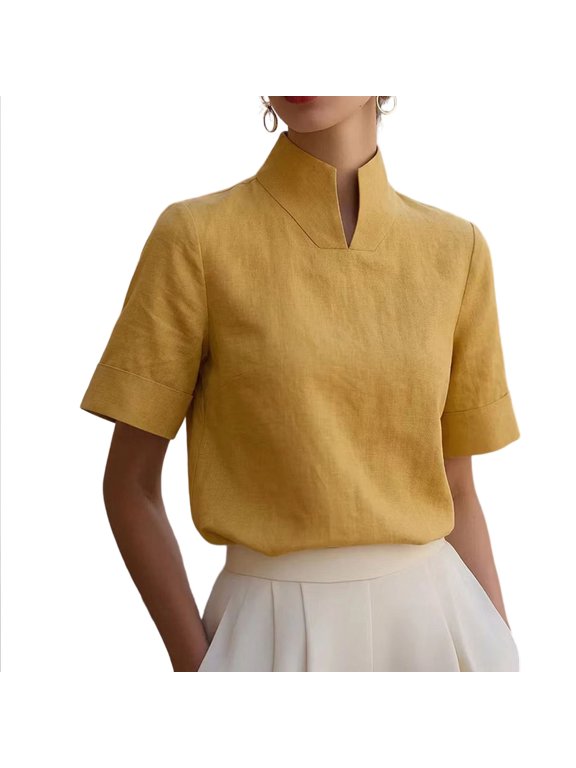 Women's Pure Linen Split Stand Collar Blouse Cuffed Short Sleeve Slim Fit Casual Shirts for Office Daily Wear XL