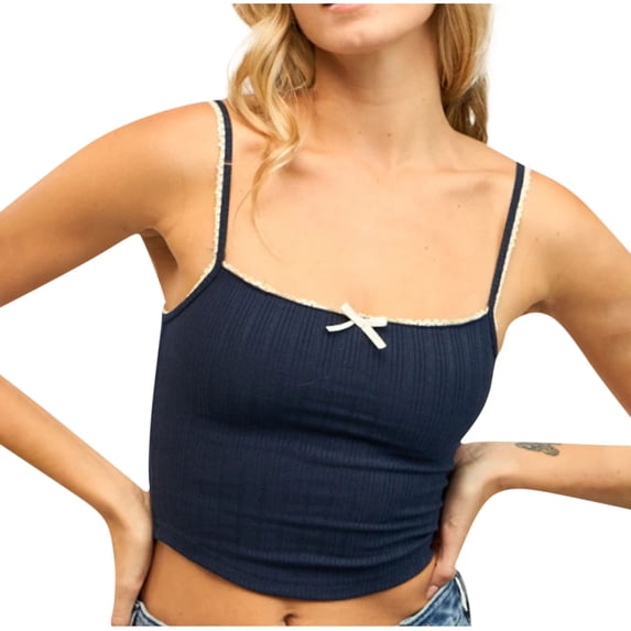 Jerdar Women's Ribbed Knit Lace Trim Bow Crop Camisole Sleeveless Going Out Party Y2K Tank Top L