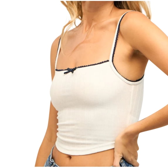 Jerdar Women's Ribbed Knit Lace Trim Bow Crop Camisole Sleeveless Going Out Party Y2K Tank Top M