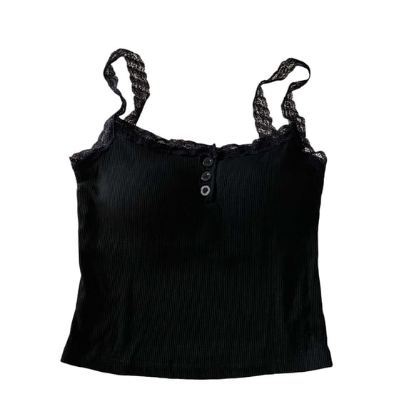 Jerdar Women's Ribbed Lace Cami Top Sleeveless Spaghetti Strap Button Front Crop Tank Tops Summer Casual Cute Camisole for Women Free Size