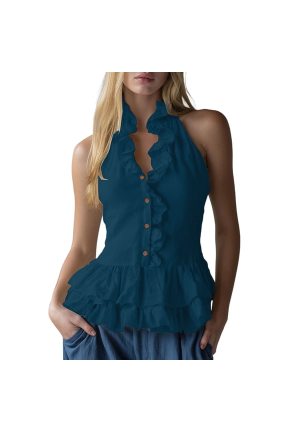 Women's Ruffle Trim Deep V Halter Top Y2k Going Out Sleeveless Slim Fit Tank Shirts S