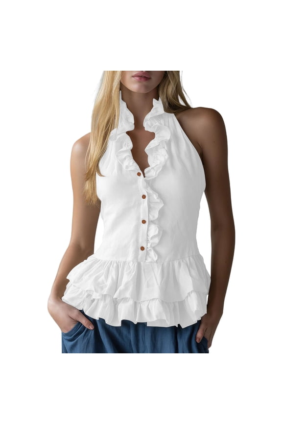 Women's Ruffle Trim Deep V Halter Top Y2k Going Out Sleeveless Slim Fit Tank Shirts XXL