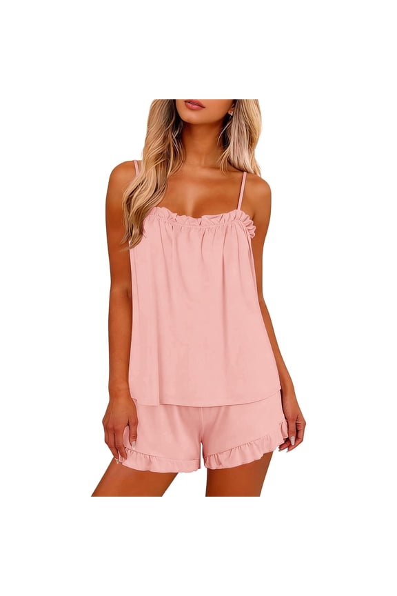 Women's Satin Pajama Set Spaghetti Strap Ruffle Trim Cami Top and Ruffle Hem Shorts Sleepwear S