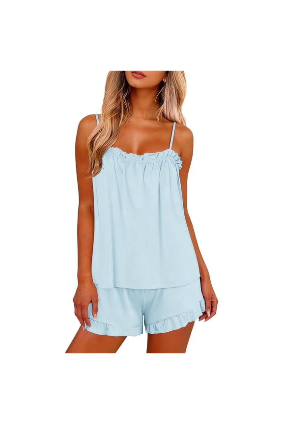 Women's Satin Pajama Set Spaghetti Strap Ruffle Trim Cami Top and Ruffle Hem Shorts Sleepwear S