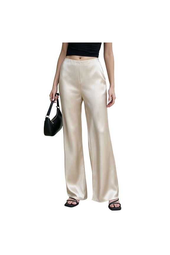 Women's Satin Pants Dressy High Waisted Wide Leg Palazzo Pants Casual Silky Satin Trousers Business Work Outfits M
