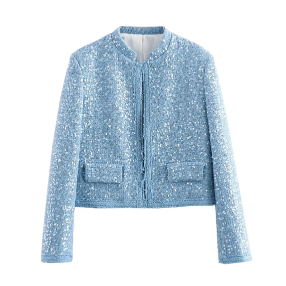 Jerdar Women's Sequined Tassel Jacket Collarless Long Sleeve Open Front Cropped Coat for Party Club Night Out and Wedding Guest L