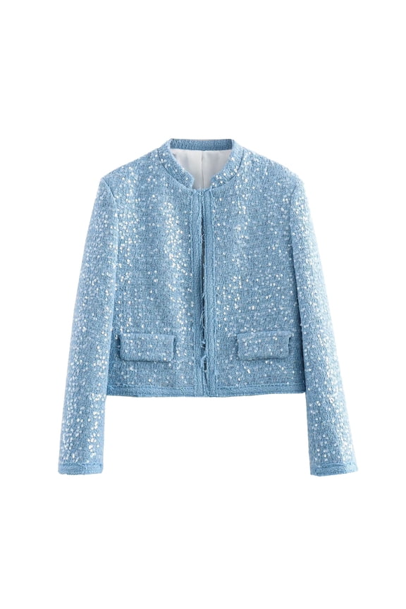 Women's Sequined Tassel Jacket Collarless Long Sleeve Open Front Cropped Coat for Party Club Night Out and Wedding Guest L