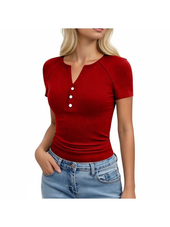 Women's Short Sleeve Tops Casual Henley Ribbed Shirts Basic V Neck Daily Stylish Breathable Fitted Modest Tops M