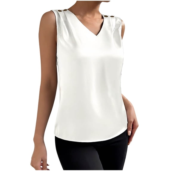 Jerdar Women's Silk Satin Camisole Tank Tops V Neck Pleated Dressy Casual Sleeveless Blouses Summer Business Work Shirts L