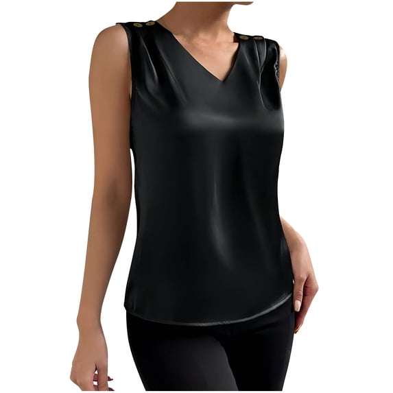 Jerdar Women's Silk Satin Camisole Tank Tops V Neck Pleated Dressy Casual Sleeveless Blouses Summer Business Work Shirts L