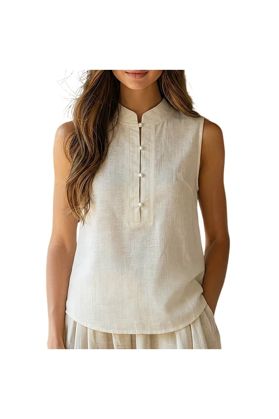 Women's Sleeveless Linen Blend Blouse Stand Collar Button Front Casual Loose Fit Tops for Spring Summer Office Wear XXL
