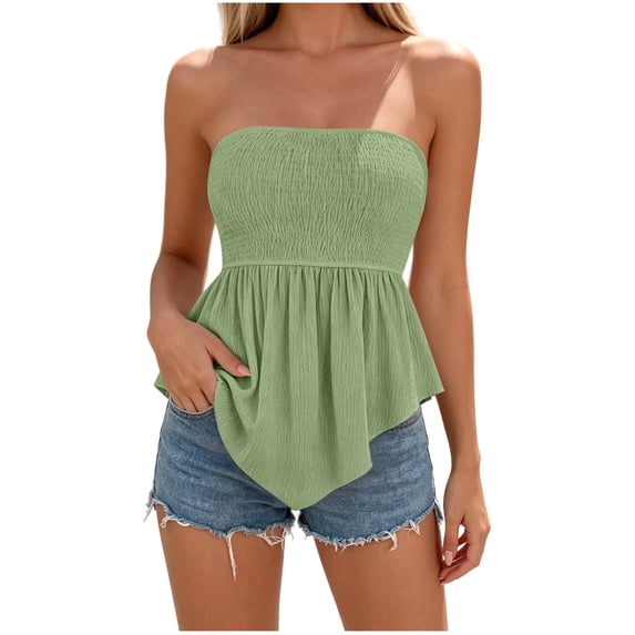 Jerdar Women's Smocked Tube Tops Flowy Ruffle Sleeveless Peplum Bandeau Babydoll Cami Tank M