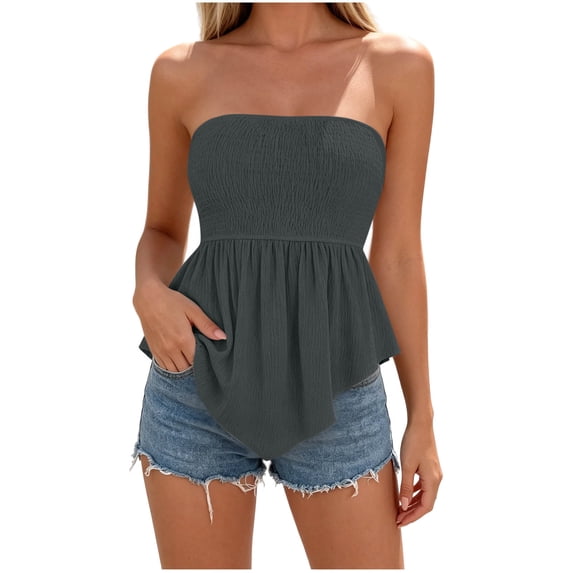Jerdar Women's Smocked Tube Tops Flowy Ruffle Sleeveless Peplum Bandeau Babydoll Cami Tank M