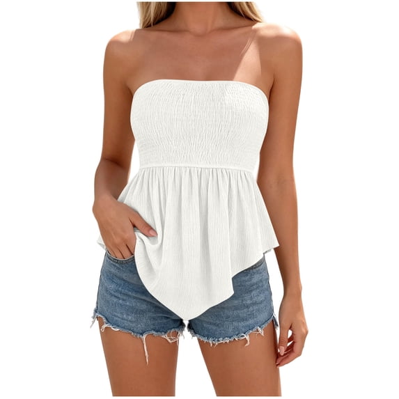 Jerdar Women's Smocked Tube Tops Flowy Ruffle Sleeveless Peplum Bandeau Babydoll Cami Tank XXL