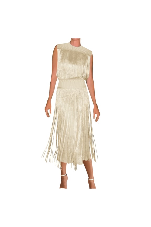Women's Solid Color Sleeveless Fringe Trim Cocktail Dress Fringed Evening Dress Party Round Neck Dress XXL