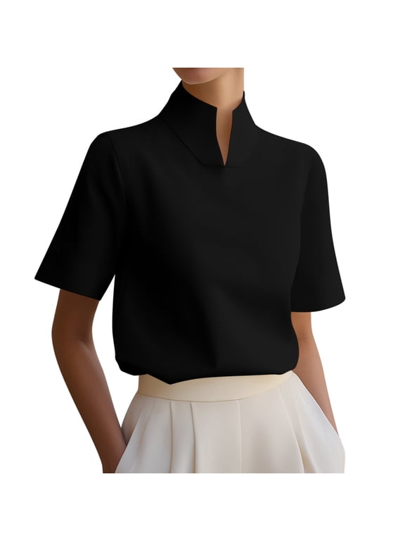 Women's Solid color Stand Collar Short Sleeve Commute Tops V Notch Neck Work Shirt Business Casual Blouse For Office L