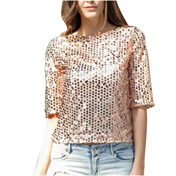 Jerdar Women's Sparkle Sequins T-Shirts Casual Short Sleeve Top Shimmer Going Out Rave Top Tee L