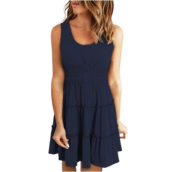 Jerdar Women's Summer Casual U Neck Sundresses Pleated Knee Length Sleeveless Tank Dress L