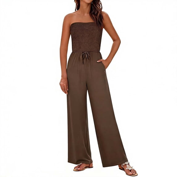 Jerdar Women's Trendy Strapless Rompers 2026 Ruched Tube Top Wide Leg One Piece Jumpsuits Beach Vacation Summer Outfits L