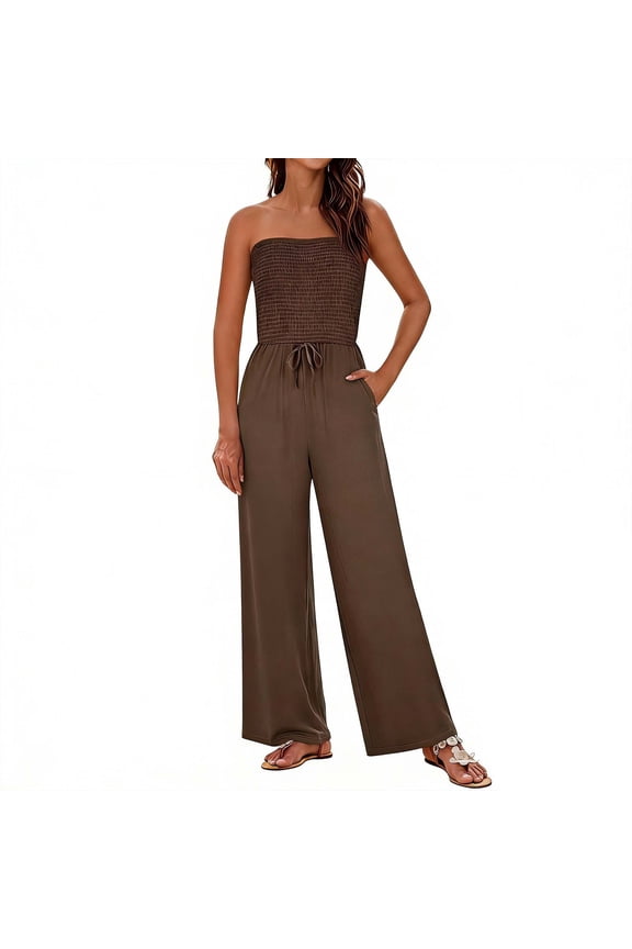 Women's Trendy Strapless Rompers 2026 Ruched Tube Top Wide Leg One Piece Jumpsuits Beach Vacation Summer Outfits S