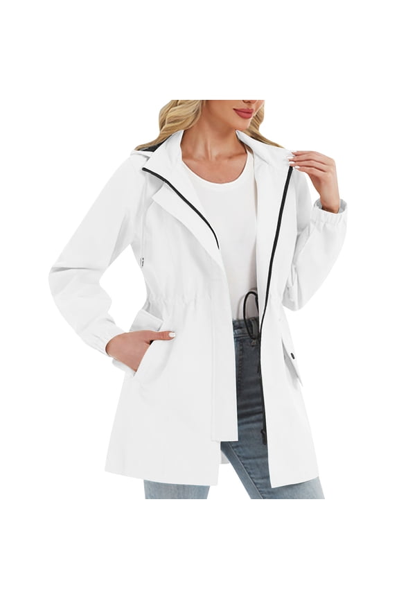 Women's Waterproof Softshell Long Rain Jacket with Hood Fleece Lined Windproof Windbreaker Drawstring Pocket Detachable Jacket S