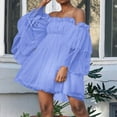 thumbnail image 1 of Jerdar Women's Wedding Guest Dress for Photoshoot, Sexy Off Shoulder Long Sleeve Solid Mini Dress, Women Trumpet Sleeve Beach Dress, Hawaiian Casual Sundresses Blue XXL, 1 of 5
