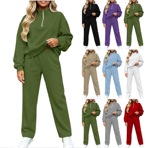 Jerdar Womens 2 Piece Lounge Sweat Sets Quarter Zip Mock Neck Sweatshirt Wide Leg Sweatpants Oversized Side Pockets Casual Airport Travel Outfits L