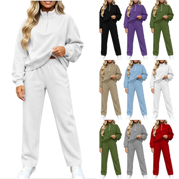 Jerdar Womens 2 Piece Lounge Sweat Sets Quarter Zip Mock Neck Sweatshirt Wide Leg Sweatpants Oversized Side Pockets Casual Airport Travel Outfits L