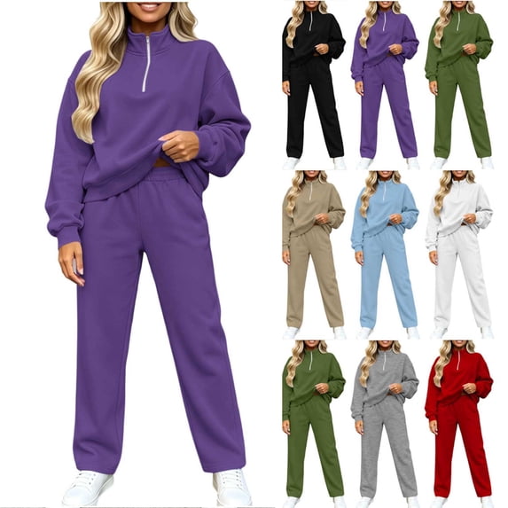 Jerdar Womens 2 Piece Lounge Sweat Sets Quarter Zip Mock Neck Sweatshirt Wide Leg Sweatpants Oversized Side Pockets Casual Airport Travel Outfits M