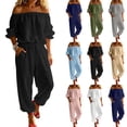 thumbnail image 1 of Jerdar Womens 2 Piece Outfits Off Shoulder Tops Wide Leg Pants Drawstring Waist Side Pockets Vacation Travel Casual Lounge Streetwear L, 1 of 8