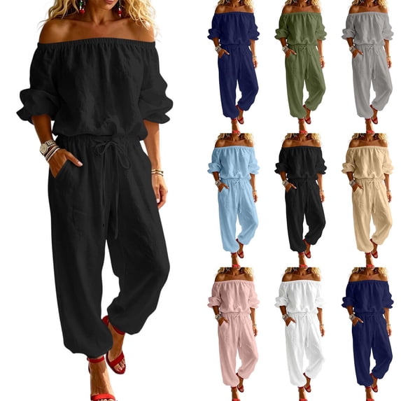 Jerdar Womens 2 Piece Outfits Off Shoulder Tops Wide Leg Pants Drawstring Waist Side Pockets Vacation Travel Casual Lounge Streetwear L