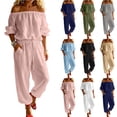 thumbnail image 1 of Jerdar Womens 2 Piece Outfits Off Shoulder Tops Wide Leg Pants Drawstring Waist Side Pockets Vacation Travel Casual Lounge Streetwear XL, 1 of 8