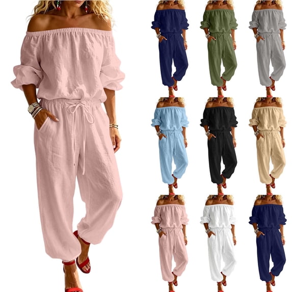 Jerdar Womens 2 Piece Outfits Off Shoulder Tops Wide Leg Pants Drawstring Waist Side Pockets Vacation Travel Casual Lounge Streetwear XL