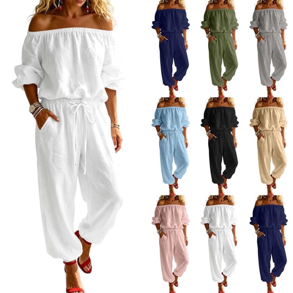 Jerdar Womens 2 Piece Outfits Off Shoulder Tops Wide Leg Pants Drawstring Waist Side Pockets Vacation Travel Casual Lounge Streetwear XL