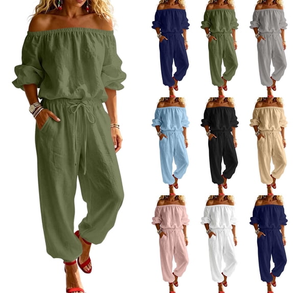 Jerdar Womens 2 Piece Outfits Off Shoulder Tops Wide Leg Pants Drawstring Waist Side Pockets Vacation Travel Casual Lounge Streetwear XXL