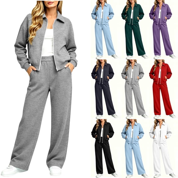 Jerdar Womens 2 Piece Sweat Sets Collared Zip Jacket Wide Leg Sweatpants Oversized Side Pockets Spring Fall Airport Travel Outfits L
