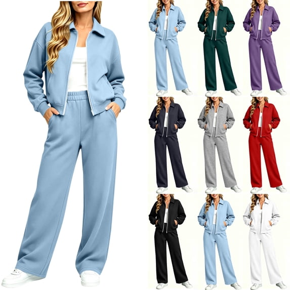 Jerdar Womens 2 Piece Sweat Sets Collared Zip Jacket Wide Leg Sweatpants Oversized Side Pockets Spring Fall Airport Travel Outfits M